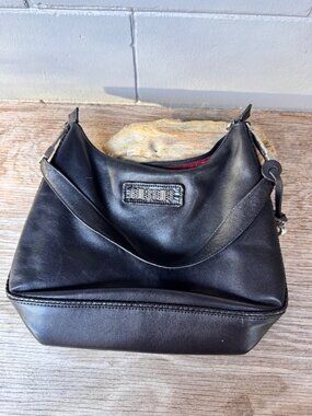Brighton Black Leather Shoulder Bag  Silver Filigree Hardware Heart Charm C41015